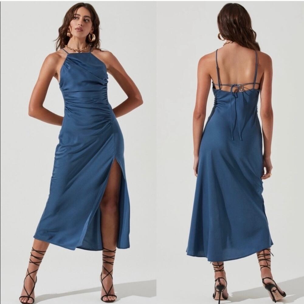 ASTR the Label Halter Neck Satin Maxi Dress Steel Blue
